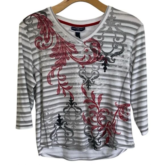 Karen Scott Sport Women' Sz XXL Rhinestone Embellished Paisley/Stripe Print Top - Picture 1 of 10